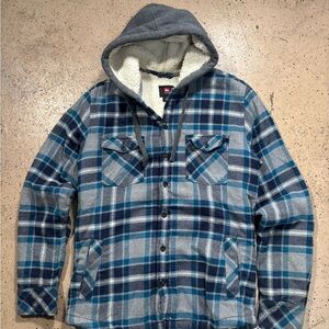 Quiksilver Gray/Blue Sherpa Lined Flannel Button Down Jacket Mens Size Small